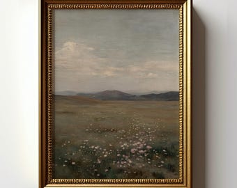 Wildflower Mountain Meadow Print, Vintage Vertical Landscape Art, Neutral Decor, Digital Download