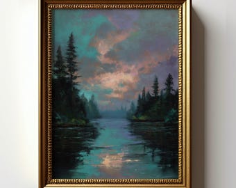 Moody Forest Lake Print, Vintage Pine Landscape Wall Art, Rustic Cabin Decor, Digital Download