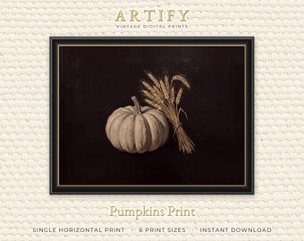 White Pumpkin and Wheat Sheaf Print, Dark Moody Autumn Still Life, Thanksgiving Harvest Art, Kitchen Wall Decor, Horizontal Digital Download