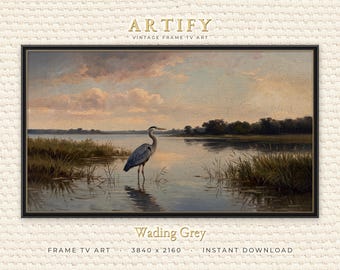 Grey Heron Frame TV Art, Antique Bird Painting on Aged Canvas, Water Bird Decor for The Frame TV, Office Wall Decor, Instant Download