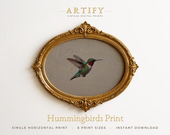 Jewel Green Hummingbird Art, Teal and Crimson Bird Oil Painting, Mantel Decor, French Country Olive Wall Art, Horizontal Digital Download