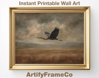 Flying Heron Print, Moody Marsh Bird Wall Art, Rustic Nature Decor, Digital Download