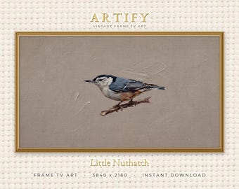 Nuthatch on a Twig Frame TV Art, Little Bird Art for Samsung Frame TV, Perched Bird Decor, Muted Vintage Farmhouse Decor, 4K Digital File