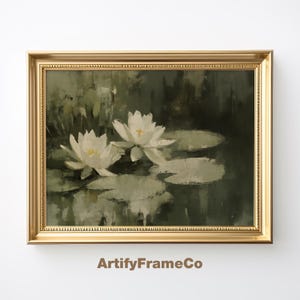 Printable Vintage Water Lily Oil Painting, Dark Green Pond Wall Art, Dark Academia, Cottagecore Digital Download, Impressionist Art | WH0020