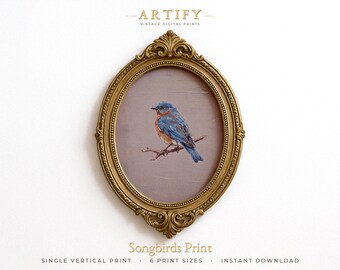 Lámina artística de pájaro azul posado, pintura de pájaro cantor en tonos óxido y azul, decoración de pared alta para entrada, gris malva empolvado, descarga digital vertical.