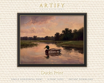 Mallard Duck Pond Wall Art, Vintage Dusk Oil Painting, Farmhouse Living Room Decor, Muted Pink Sunset Sky, Horizontal Digital Download