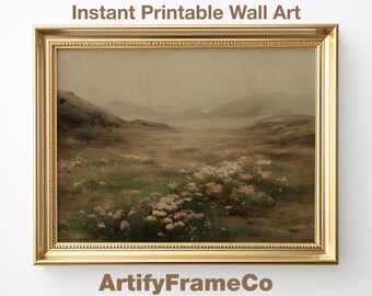 Wildflower Valley Landscape Print, Vintage Mountain Meadow Wall Art, Neutral Decor, Digital Download