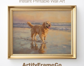 Golden Retriever Beach Print, Coastal Dog Wall Art, Sunny Ocean Decor, Digital Download
