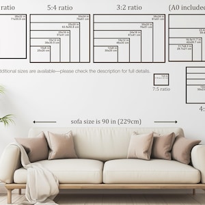 K&ouml;nnte beinhalten: Ein Diagramm, das verschiedene Seitenverh&auml;ltnisse f&uuml;r Drucke zeigt, darunter 14:11, 5:4, 3:2, 7:5 und 4:3. Das Diagramm enth&auml;lt Ma&szlig;e in Zoll und Zentimetern. Der Text "Sofa-Gr&ouml;&szlig;e ist 90 Zoll (229 cm)" ist ebenfalls enthalten.