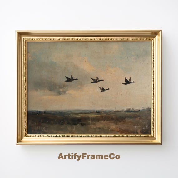 Flying Ducks Print, Digital PRINTABLE Download, Rustic Countryside Landscape Painting, Vintage Print, Digital Downloadable Wall Art | WH100
