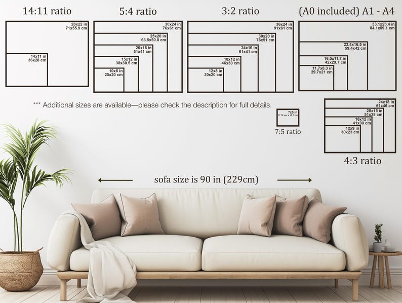 K&ouml;nnte beinhalten: Ein Diagramm, das verschiedene Seitenverh&auml;ltnisse f&uuml;r Drucke zeigt, darunter 14:11, 5:4, 3:2, 7:5 und 4:3. Das Diagramm enth&auml;lt Ma&szlig;e in Zoll und Zentimetern. Der Text "Sofa-Gr&ouml;&szlig;e ist 90 Zoll (229 cm)" ist ebenfalls enthalten.
