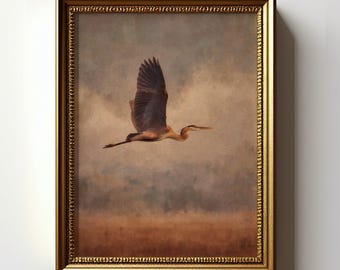 Flying Heron Print, Moody Marsh Bird Wall Art, Rustic Nature Decor, Digital Download