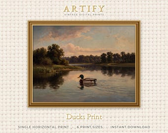 Mallard Drake Print, Vintage Calm Evening Lake Scene, Duck on Still Water Painting, Above Sofa Cabin Decor, Wide Wall Art Digital Download