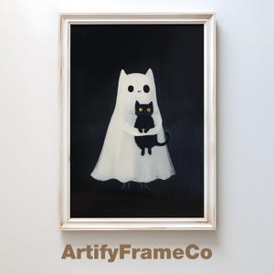 Cute Ghost Holding Black Cat Printable Wall Art, Spooky Halloween Decor, Vintage Ghost Painting, Dark Academia Art, Humor, Digital Download