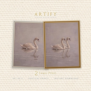 Könnte beinhalten: Zwei gerahmte vertikale Kunstdrucke mit Schwanenmotiven. Der linke Rahmen ist silberfarben und zeigt einen Schwan, der rechte Rahmen ist goldfarben und zeigt zwei Schwäne. Text: ARTIFY VINTAGE DIGITAL PRINTS und 2 Swans Prints.