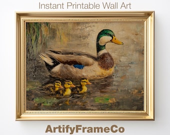 Mallard Duck Family Print, Vintage Bird Wall Art, Rustic Farmhouse Decor, Digital Download