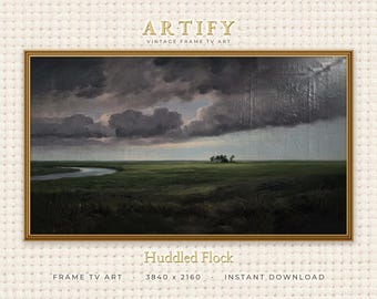 Nubes de tormenta sobre campos rurales. Cuadro decorativo para TV. Pintura al óleo vintage de cielo dramático. Decoración de paisaje con ambiente melancólico. Descarga digital para Samsung Frame TV.