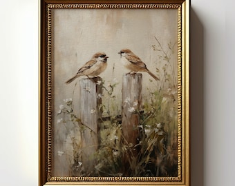 Sparrow Duo Print, PRINTABLE Wall Art, Vintage Bird Oil Painting Digital Download Art, Rustic Country Farmhouse Nature Floral Decor | WV01