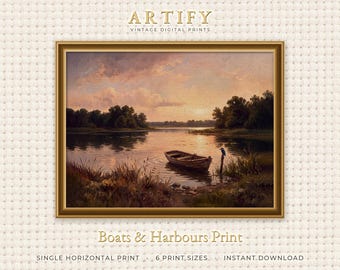 Rowboat Wall Art with Kingfisher, Vintage Sunset Lake Oil Painting Print, Calm Peach Water, Living Room Decor, Horizontal Digital Download