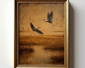 Heron Marsh Print, Moody Wetland Bird Wall Art, Rustic Nature Decor, Digital Download