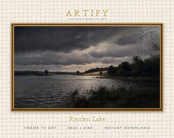 Stormy Lake Landscape Frame TV Art, Moody Water and Dark Clouds Oil Painting, Lake House Wall Decor, Samsung Frame TV Digital Download