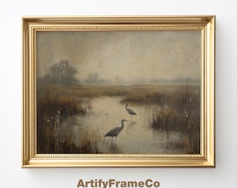 Standing Herons Painting, Marsh Landscape DIGITAL Art, Antique PRINTABLE Wall Art, Vintage Dark Muted Print, Digital Download Print | WH081