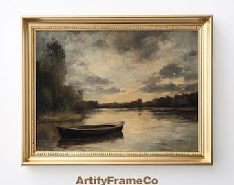 Vintage Country River Landscape Painting Print, Digital PRINTABLE Download, Rustic Nature Downloadable Wall Art, Horizontal Art Print |WH106