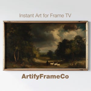 May include: A framed painting of a rural landscape with a cloudy sky, green trees, and a shepherd with a flock of sheep in the distance. The painting is in a gold frame.