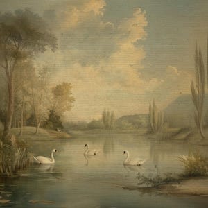 K&ouml;nnte beinhalten: Ein Gem&auml;lde einer ruhigen Landschaft mit einem See im Vordergrund. Drei wei&szlig;e Schw&auml;ne schwimmen im Wasser. Der See ist von B&auml;umen und H&uuml;geln umgeben. Der Himmel ist hellblau mit wei&szlig;en Wolken.