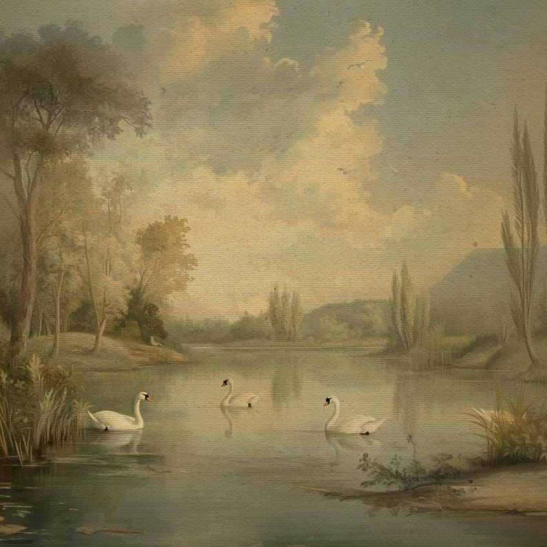 K&ouml;nnte beinhalten: Ein Gem&auml;lde einer ruhigen Landschaft mit einem See im Vordergrund. Drei wei&szlig;e Schw&auml;ne schwimmen im Wasser. Der See ist von B&auml;umen und H&uuml;geln umgeben. Der Himmel ist hellblau mit wei&szlig;en Wolken.
