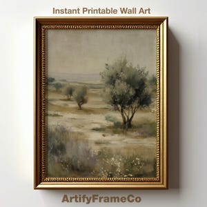 May include: A framed landscape painting featuring olive trees in a field under a muted sky. The artwork is in a gold ornate frame and includes the text "Instant Printable Wall Art" at the top and "ArtifyFrameCo" at the bottom.