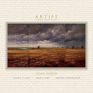 May include: A digital landscape painting titled Storm Stubble featuring a vast golden field under a dark, heavy storm sky with rain clouds. The artwork is presented in a thin silver frame with the text ARTIFY VINTAGE FRAME TV ART and Storm Stubble.
