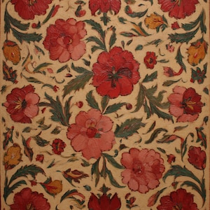 May include: Close-up of a floral pattern featuring large red and pink flowers with green leaves and stems. The flowers are set against a cream-colored background, creating a vibrant and detailed design. The artwork has a painted texture.