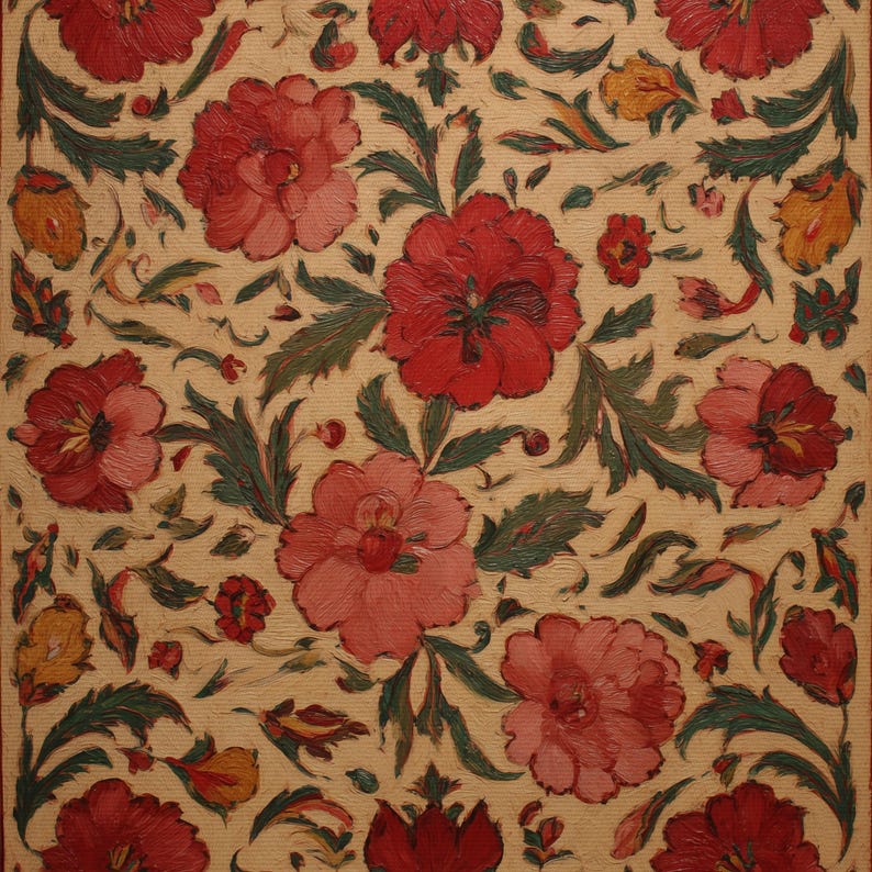 May include: Close-up of a floral pattern featuring large red and pink flowers with green leaves and stems. The flowers are set against a cream-colored background, creating a vibrant and detailed design. The artwork has a painted texture.