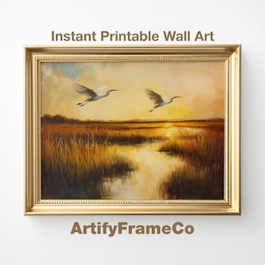 Flying Heron Print, PRINTABLE Bird Wall Art, Marshland Crane Painting, Wetland Artwork, Rustic Nature Wall Decor, Digital Download | WH297