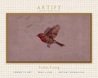 Robin in Flight Frame TV Art, Vintage Oil Painting Bird on Dusty Mauve, Neutral Wall Decor, Bedroom Art, Samsung Frame TV Digital Download