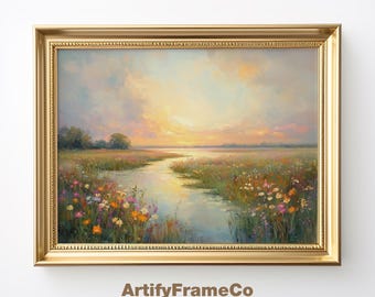 PRINTABLE Wildflowers Landscape Oil Painting, Vintage Landscape Print, Meadow Painting, Spring Wall Art Print, Digital Download Print | WH67