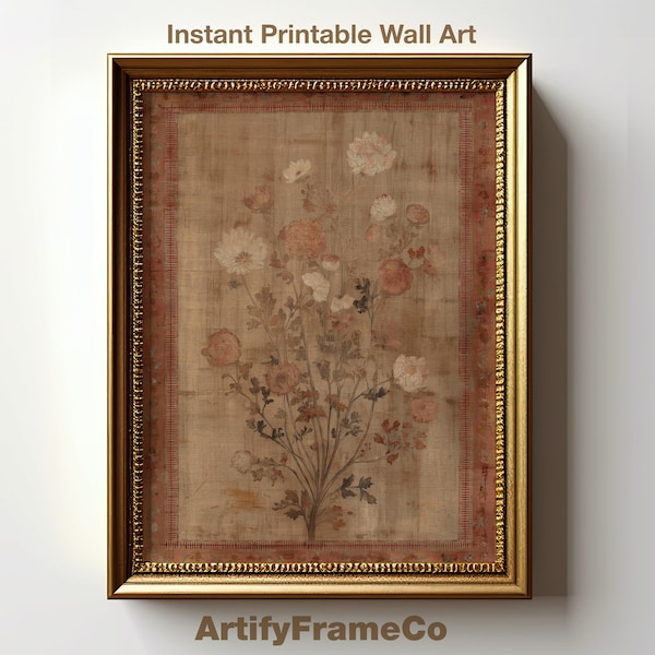Antique Floral Panel Print, Vintage Botanical Wall Art, Neutral Cottage Decor, Digital Download