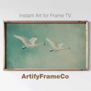 uvres d'art pour téléviseur avec cadre Samsung, Art doux et rêveur pour télévision, Art mural avec cadre neutre maussade, Art numérique cygne volant pour tv, Peinture à l'huile sur cadre tv |TV221