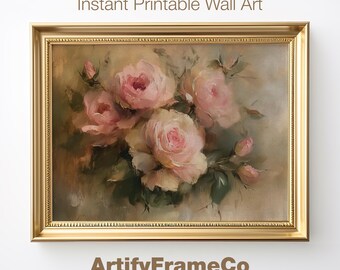 Blush Rose Bouquet Print, Vintage Floral Wall Art, Soft Cottage Decor, Digital Download