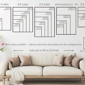 May include: A wall display showcasing various print sizes, including 11x14 inches, 22x28 inches, and others. The image includes text indicating more sizes are available and a sofa size of 90 inches. A plant in a basket and a sofa with pillows are in the foreground.
