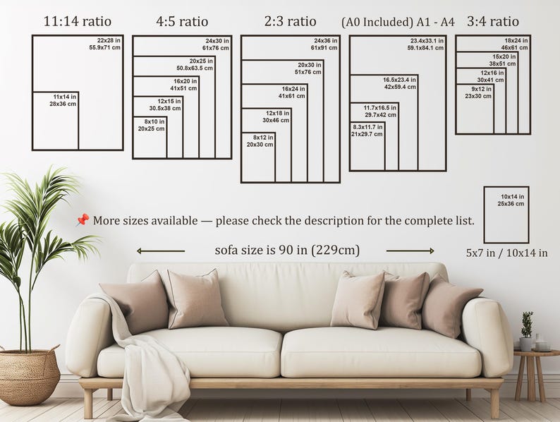 May include: A wall display showcasing various print sizes, including 11x14 inches, 22x28 inches, and others. The image includes text indicating more sizes are available and a sofa size of 90 inches. A plant in a basket and a sofa with pillows are in the foreground.