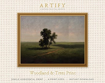 Lone Tree Print, Country Path Art, Vintage Green Pasture Oil Painting, Dining Room Decor, Muted Gray Sky Art, Horizontal Digital Download