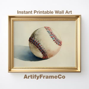 Red Stitch Baseball Sports Print, Vintage Sports Wall Art Print, Watercolor Baseball Painting Digital Download, Home Decor Poster | WH354