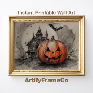 Vintage Pumpkin Haunted House Print, Printable Halloween Wall Art, Dark Academia Gothic Decor, Spooky Autumn Landscape Digital | WH382