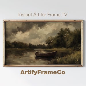 May include: A framed painting of a lake scene with a small boat in the water. The sky is cloudy and the trees are green. The painting is in a brown frame.