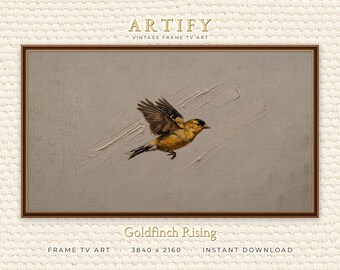 Flying Goldfinch Frame TV Art, Yellow Finch in Flight Oil Painting on Cream, Samsung Frame TV Living Room Wall Decor, Instant Download