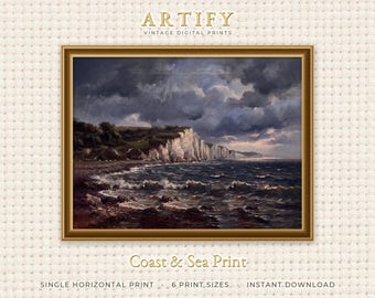 White Cliff Wall Art, Vintage Stormy Sea Print, Moody Coastal Seascape Oil Painting, Above Sofa Decor, Horizontal Digital Download