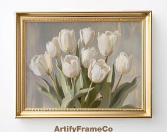 White Tulip Bouquet Print, Neutral Floral Wall Art, Modern Vintage Home Decor, Digital Download