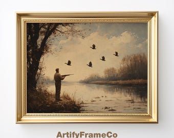 Printable Vintage Hunting Wall Art, Man & Rifle, Men Wall Décor, Wildlife Rustic Landscape Painting Art, Digital Download Art Print | WH0055